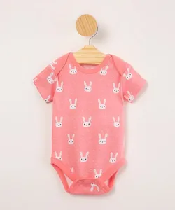body infantil de algodão estampado coelhos manga curta rosa 3-6