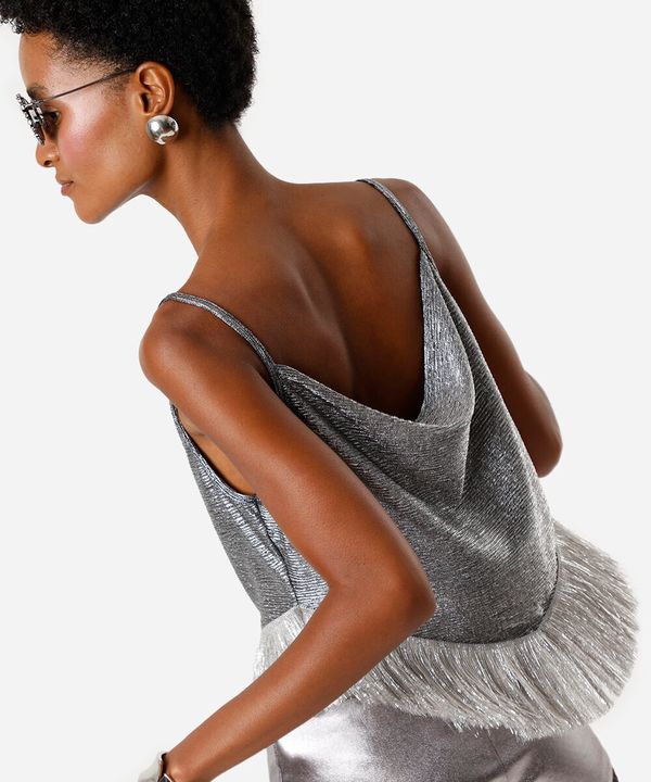 blusa alça fina feminina com franjas metalizada prateada PP