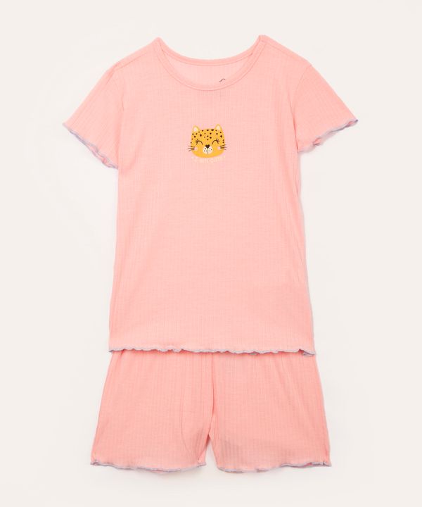 pijama infantil canelado onça manga curta rosa claro 8