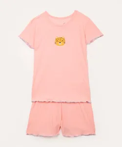 pijama infantil canelado onça manga curta rosa claro 2