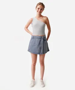 short saia jeans juvenil transpassado azul 10