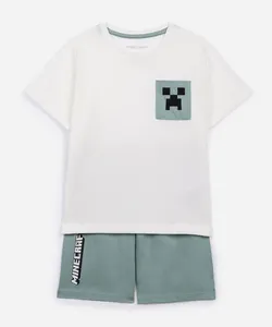 pijama infantil curto minecraft texturizado off white 10