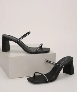 Tamanco Feminino Oneself Salto Reto Médio com Strass Preto 34