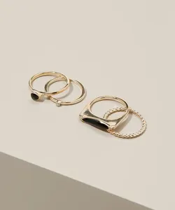 Kit Feminino de 4 Anéis Folheados Geométrico Texturizados e com Strass Dourado M