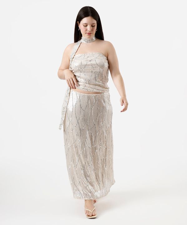 saia longa feminina de paetê mindset plus size bege GG2