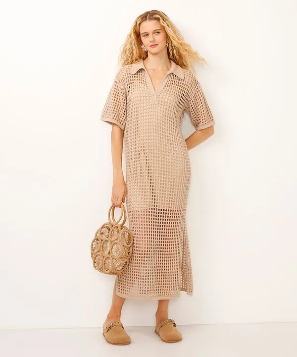 vestido midi de tricot gola polo bege P