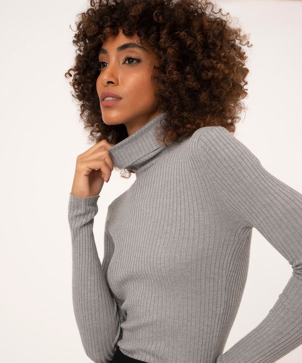 Blusa Feminina Canelada Manga Longa Gola Alta Cinza Mescla GG