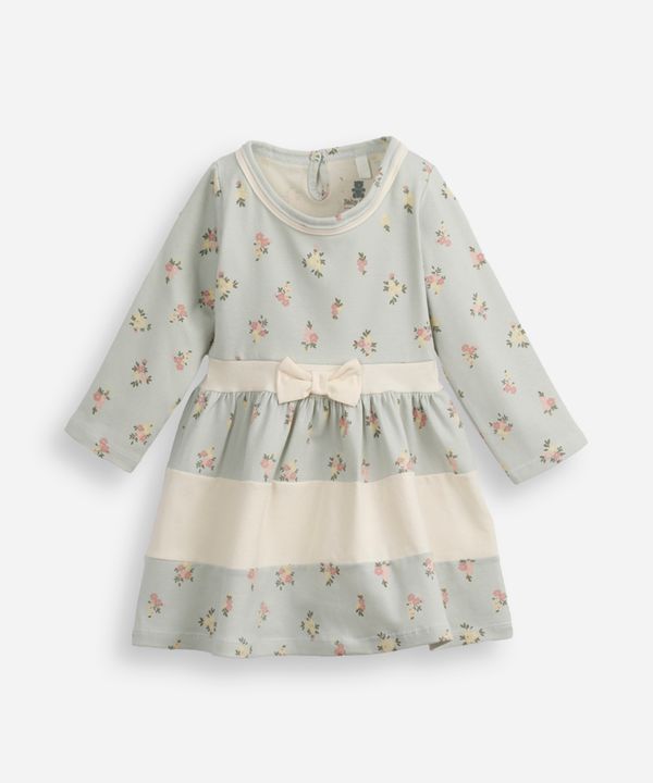 vestido infantil de algodão manga longa floral azul 0-3