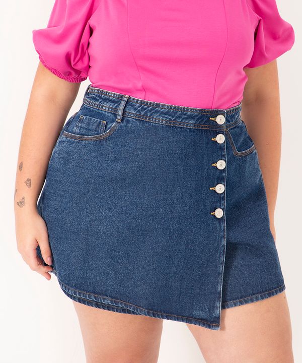 short saia jeans plus size cintura super alta azul médio 52