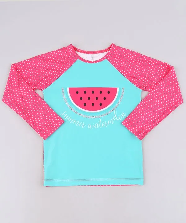 Blusa de Praia Infantil Raglan Estampado Melancia Manga Longa Rosa Escuro 4