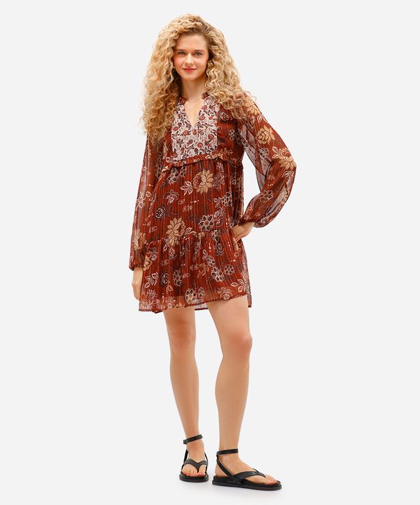 vestido curto feminino com recortes e lurex floral marrom G