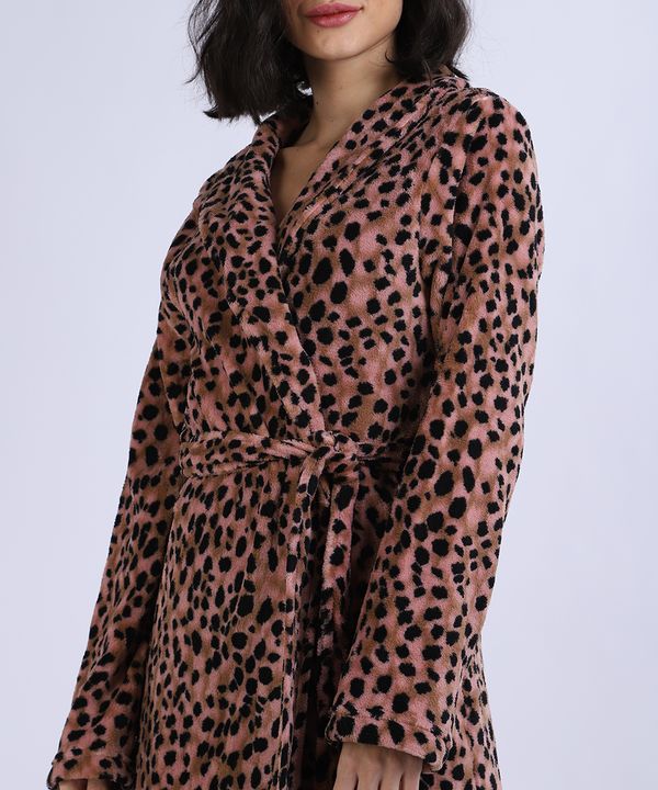 Roupão de Fleece Feminino Animal Print com Faixa para Amarrar Manga Longa Rosa M