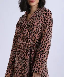 Roupão de Fleece Feminino Animal Print com Faixa para Amarrar Manga Longa Rosa G