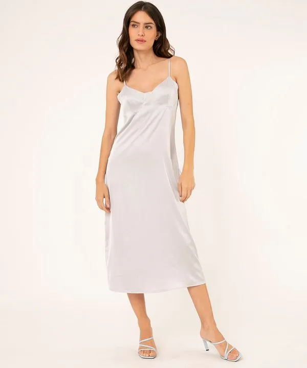 vestido slip dress midi alça fina cinza P