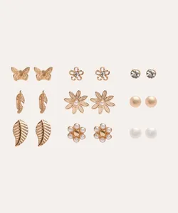 kit de 9 pares de brincos floral dourado UNICO