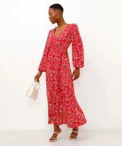vestido longo de viscose folhagens vermelho GG