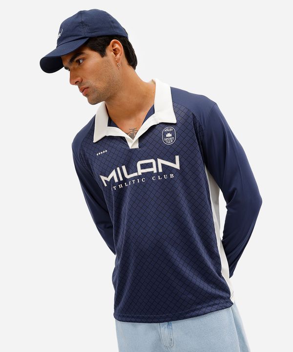camiseta retrô unissex com gola manga longa milan azul P