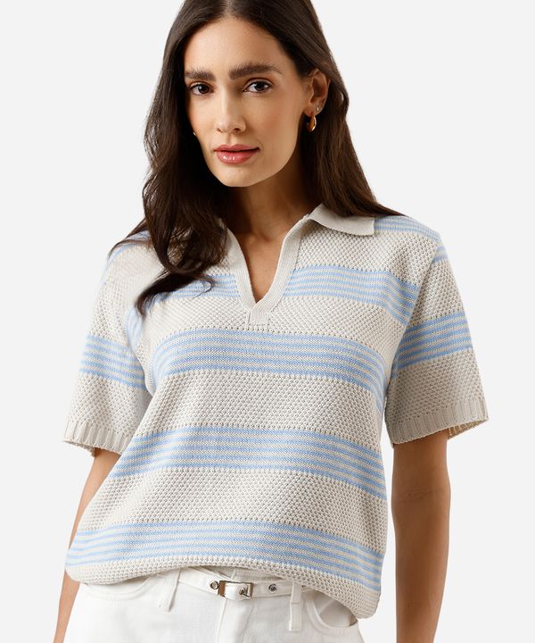 polo feminina de tricot listrada azul PP