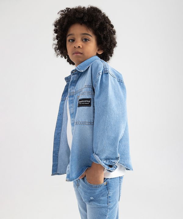 camisa infantil jeans manga longa skate style azul claro 8