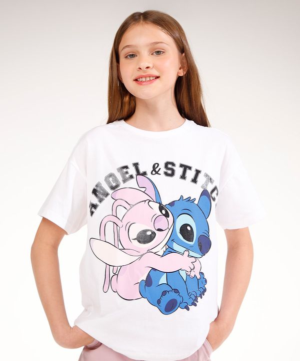 camiseta de algodão juvenil angel e stitch off white 12