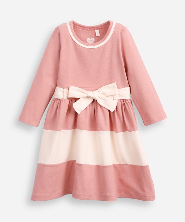 vestido infantil de algodão manga longa com faixa listrado rosa 1