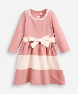 vestido infantil de algodão manga longa com faixa listrado rosa 5