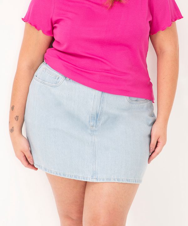 saia jeans plus size cintura alta azul claro 46