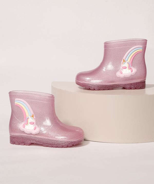 Galocha Infantil LueLua Transparente Unicórnio e Arco-Íris com Glitter Rosa 19-20