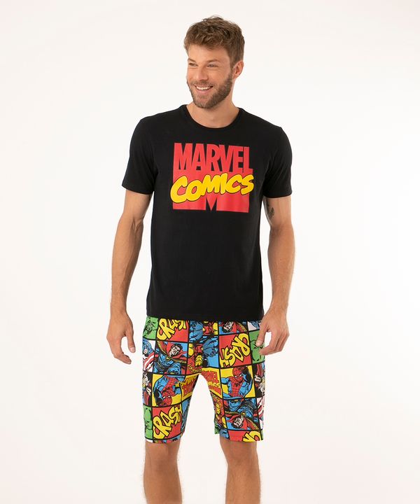 pijama de algodão manga curta + short marvel preto PP