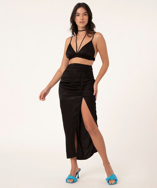 saia midi franzido e fenda lateral preto 36