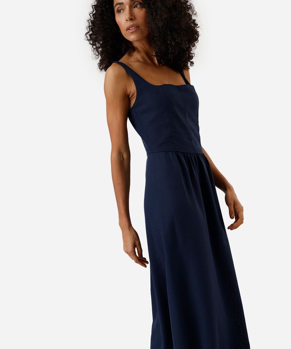 vestido midi feminino com linho e recortes decote quadrado azul PP