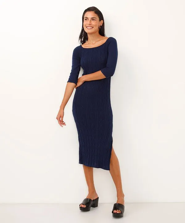vestido midi de tricot decote canoa texturizado azul GG