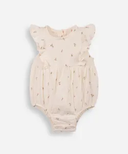 body infantil de algodão com babados floral off white 3-6