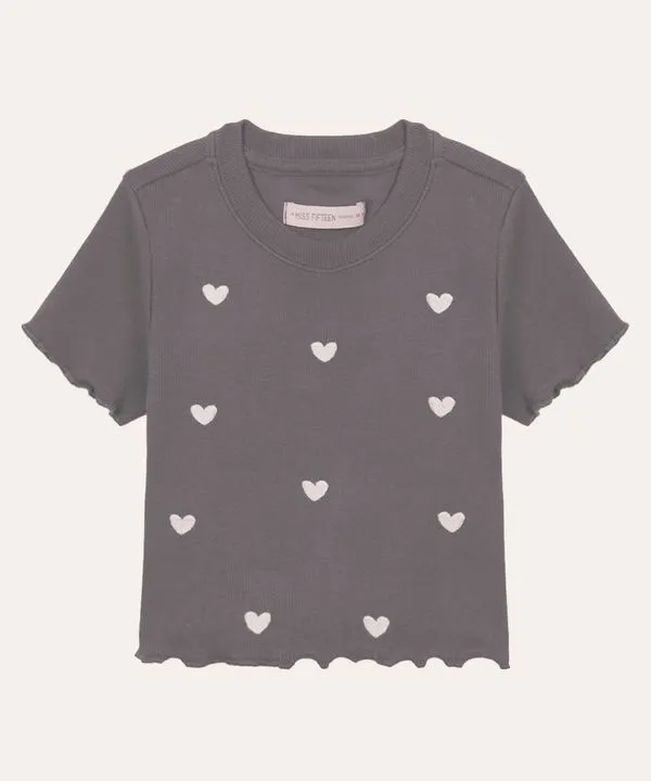 camiseta de algodão juvenil manga curta coração com fru fru cinza 16