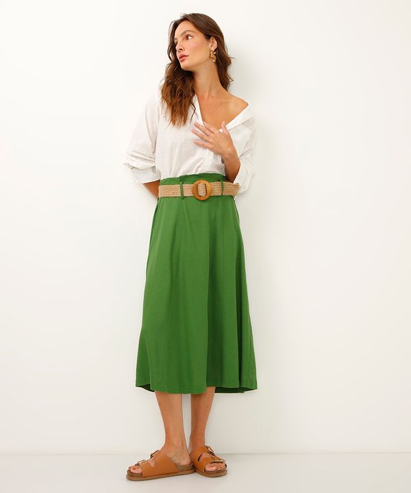 saia midi com linho cintura alta - verde militar 44