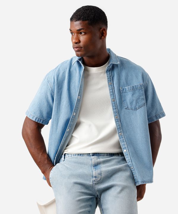 camisa box masculina jeans manga curta azul GG