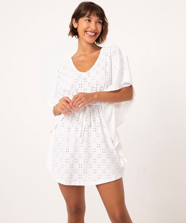 saída de praia kaftan curto de laise com amarração off white GG