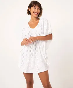 saída de praia kaftan curto de laise com amarração off white PP