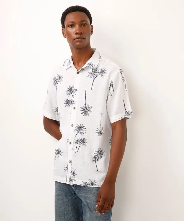 camisa com linho folhagens azul M