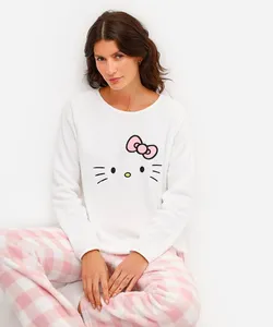 pijama longo feminino fleece com bordado hello kitty off white P