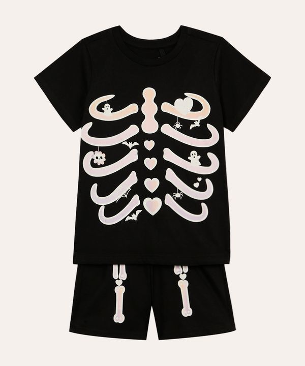 pijama curto esqueleto brilha no escuro infantil preto 4