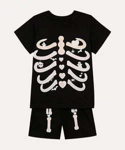 pijama curto esqueleto brilha no escuro infantil preto 6