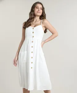 Vestido Feminino Midi com Bolsos e Botões Alça Fina Off White G