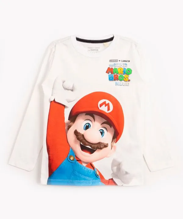 camiseta de algodão infantil mario bros manga longa off white 4
