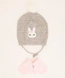 kit de gorro bebê de tricô coelho + luva cinza Único