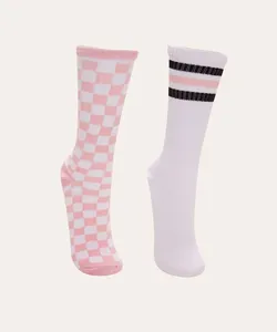 kit 2 pares de meias infantil cano alto listrada e quadriculada multicor 26-29