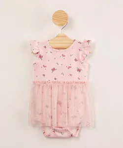 body infantil com saia de tule manga com babados estampado de borboletas rosa claro 0-3