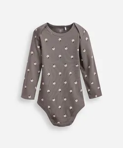 body infantil de algodão manga longa floral cinza 9-12