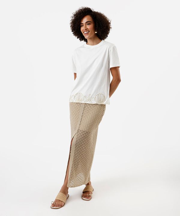 saia midi feminina de tricot com lurex e fenda dourada M