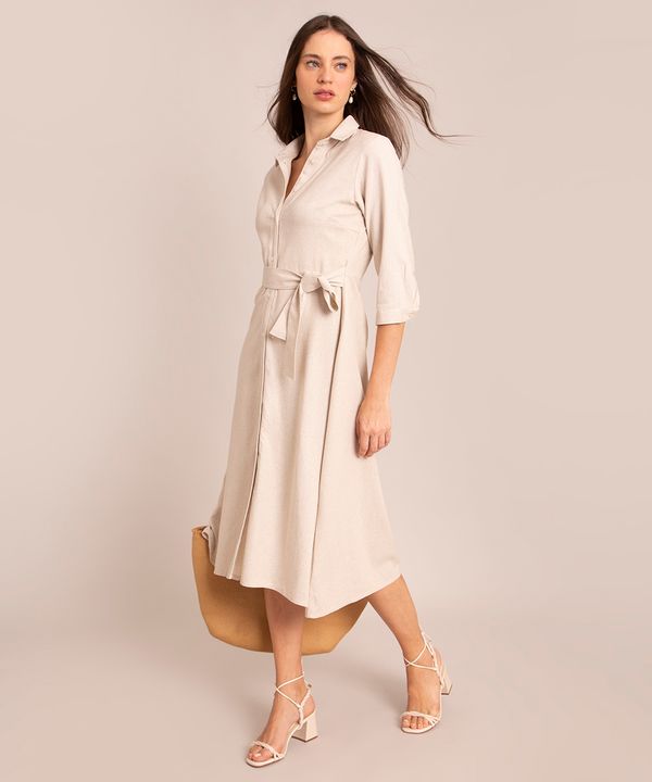 vestido chemise midi com linho e faixa para amarrar manga longa bege M
